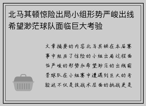 北马其顿惊险出局小组形势严峻出线希望渺茫球队面临巨大考验