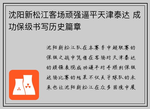 沈阳新松江客场顽强逼平天津泰达 成功保级书写历史篇章