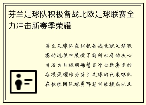 芬兰足球队积极备战北欧足球联赛全力冲击新赛季荣耀