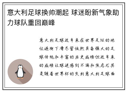 意大利足球换帅潮起 球迷盼新气象助力球队重回巅峰