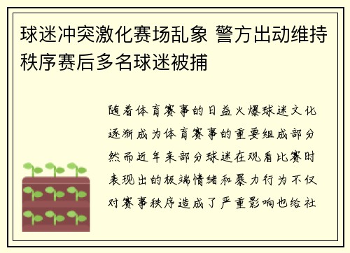 球迷冲突激化赛场乱象 警方出动维持秩序赛后多名球迷被捕