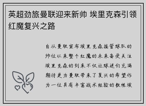英超劲旅曼联迎来新帅 埃里克森引领红魔复兴之路